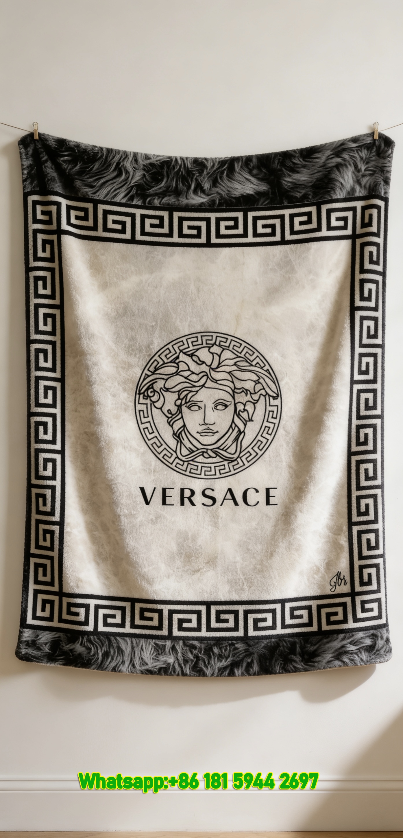Versace Grey Black Fur Texture Medusa Greek Key Printed Flannel Throw Blanket IMG_1281
